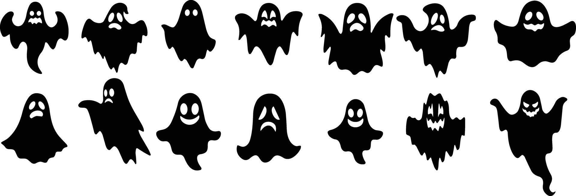 geest icoon reeks vector. halloween concept, tekenfilm geesten, zwart geest met ogen, spookachtig karakter, geesten of geest monsters silhouetten met spookachtig gezichten. verschrikking vakantie vliegend fantomen of nachtmerrie vector