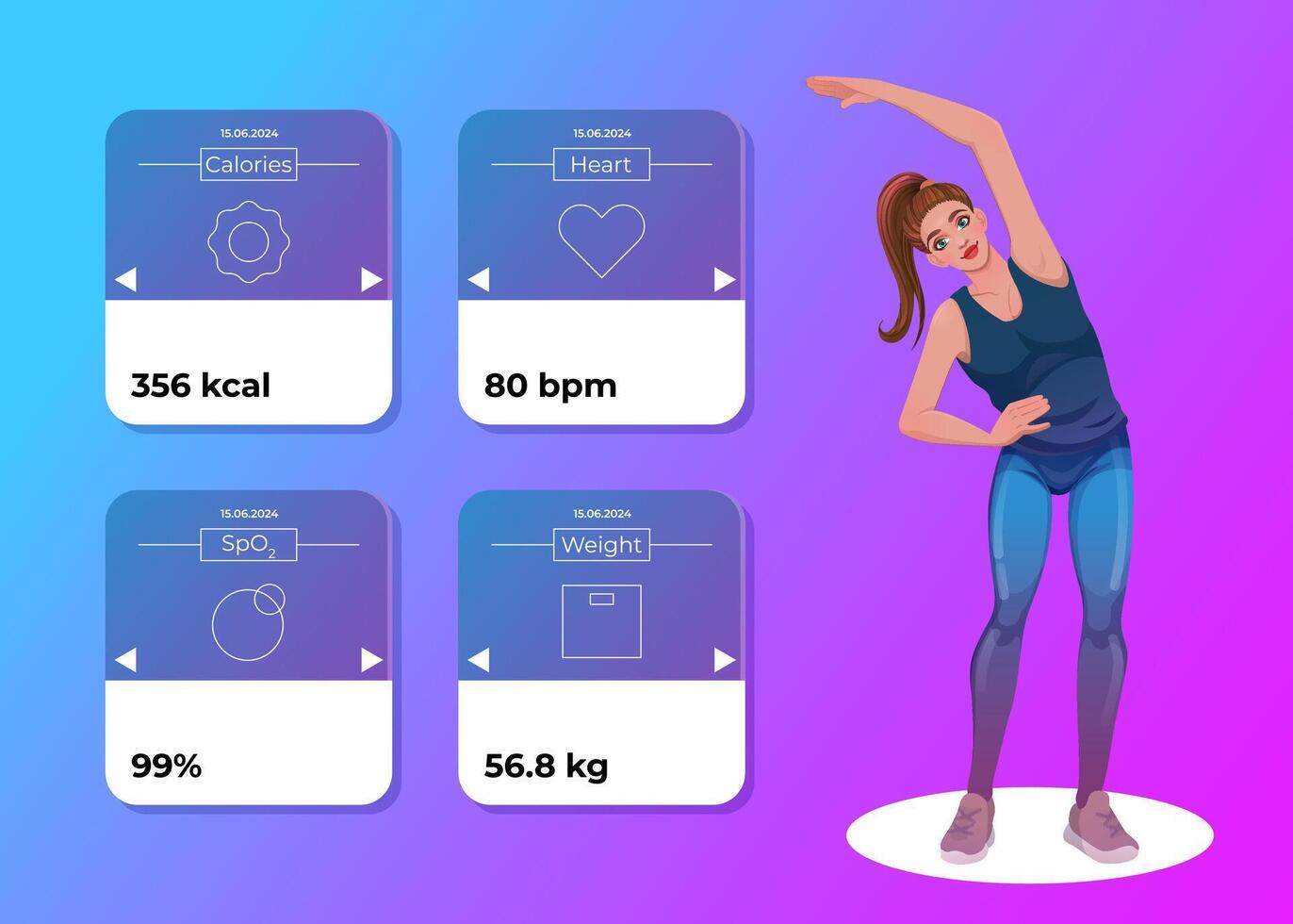 werkzaamheid geschiktheid app voor Gezondheid concept met sportief vrouw in tekenfilm stijl. web ontwerp en mobiel sjabloon. vector illustratie.