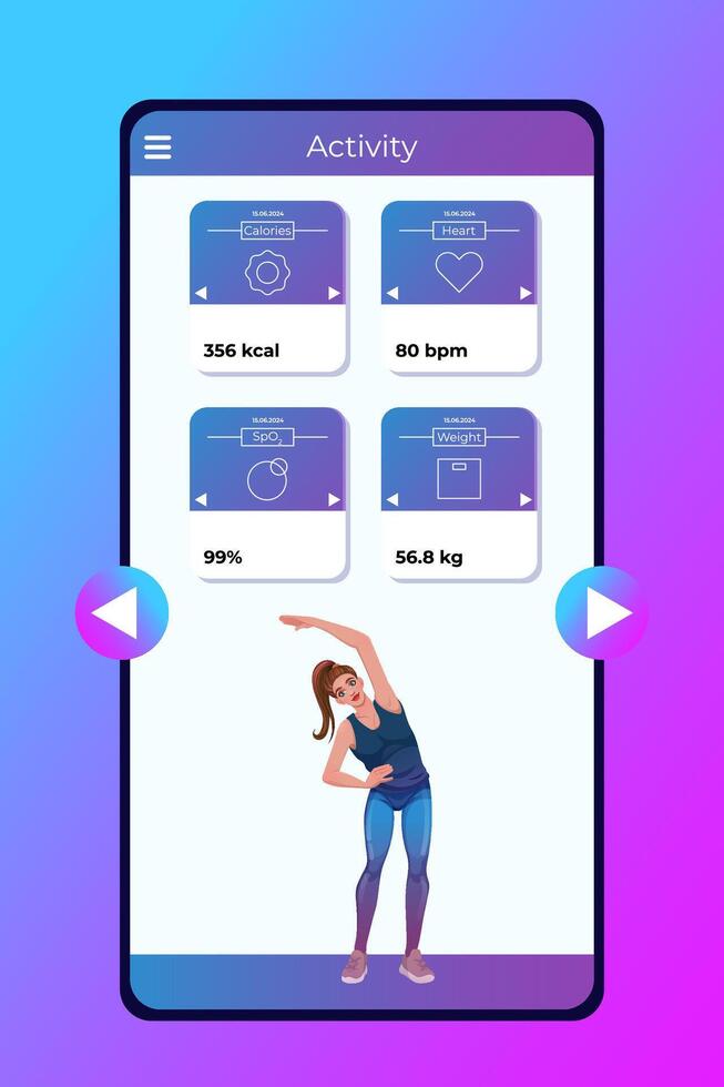 werkzaamheid geschiktheid app voor Gezondheid concept. smartphone scherm met sportief vrouw in tekenfilm stijl. web ontwerp en mobiel sjabloon. vector illustratie.