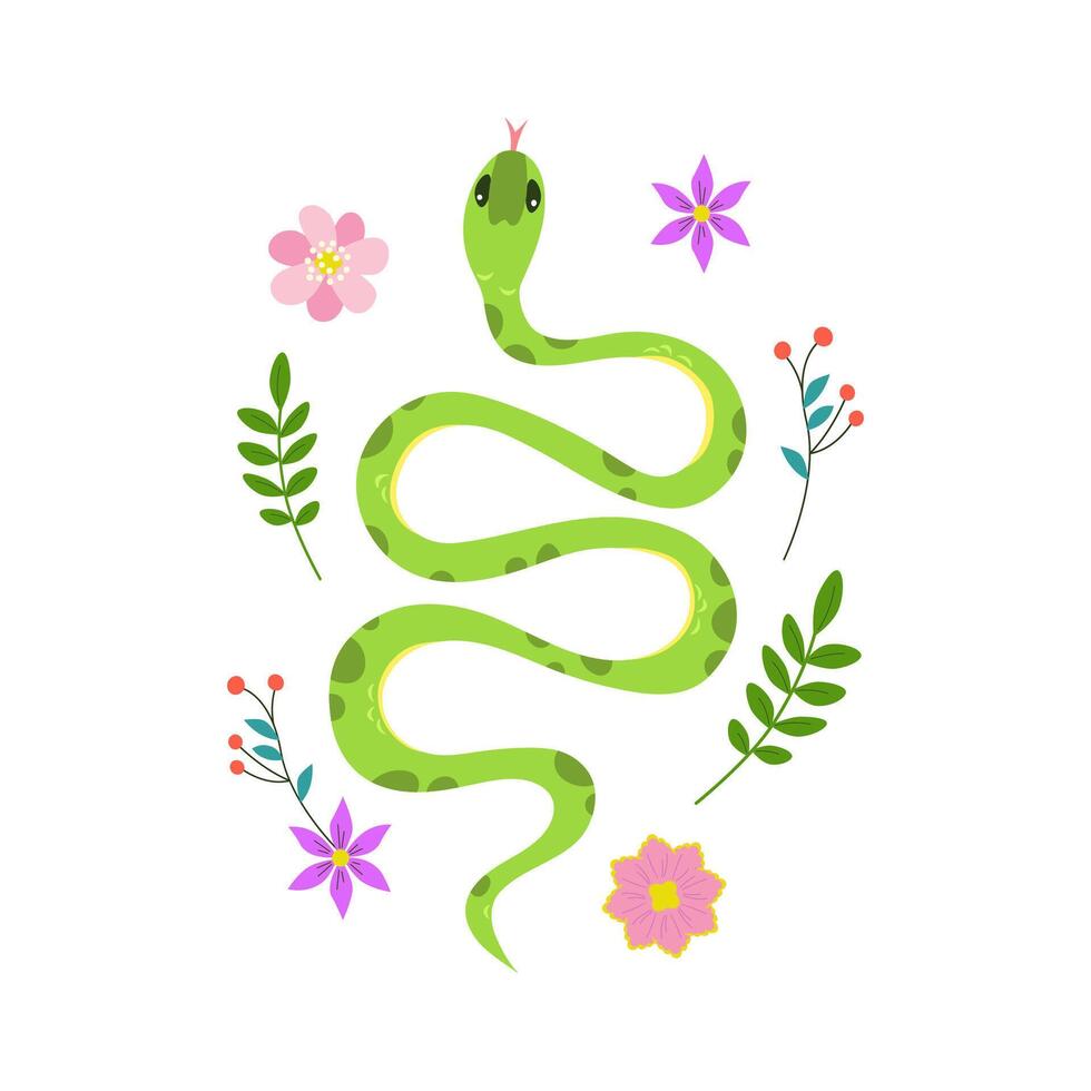 schattig groen slang omringd door voorjaar bloemen. kawaii karakter in tekenfilm stijl top visie. illustratie geïsoleerd Aan wit achtergrond. vector