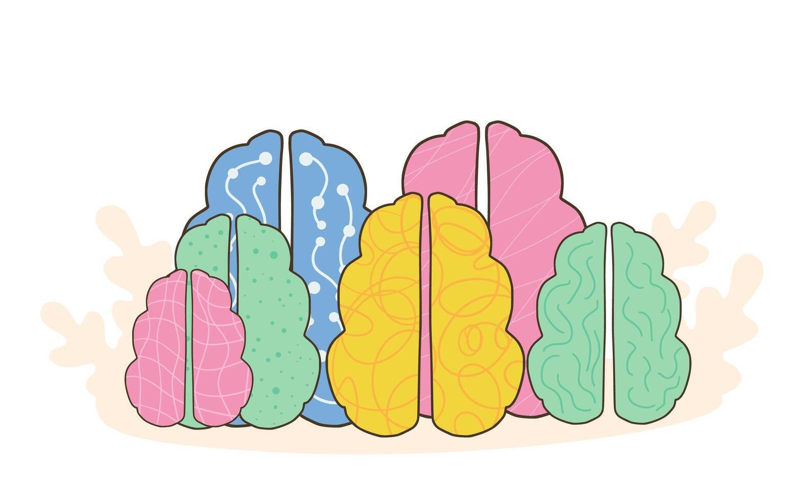 groep van verschillend menselijk hersenen. neurodiversiteit symbool. brainstormen, creatief denken teken. kleurrijk menselijk geesten metafoor. vector illustratie