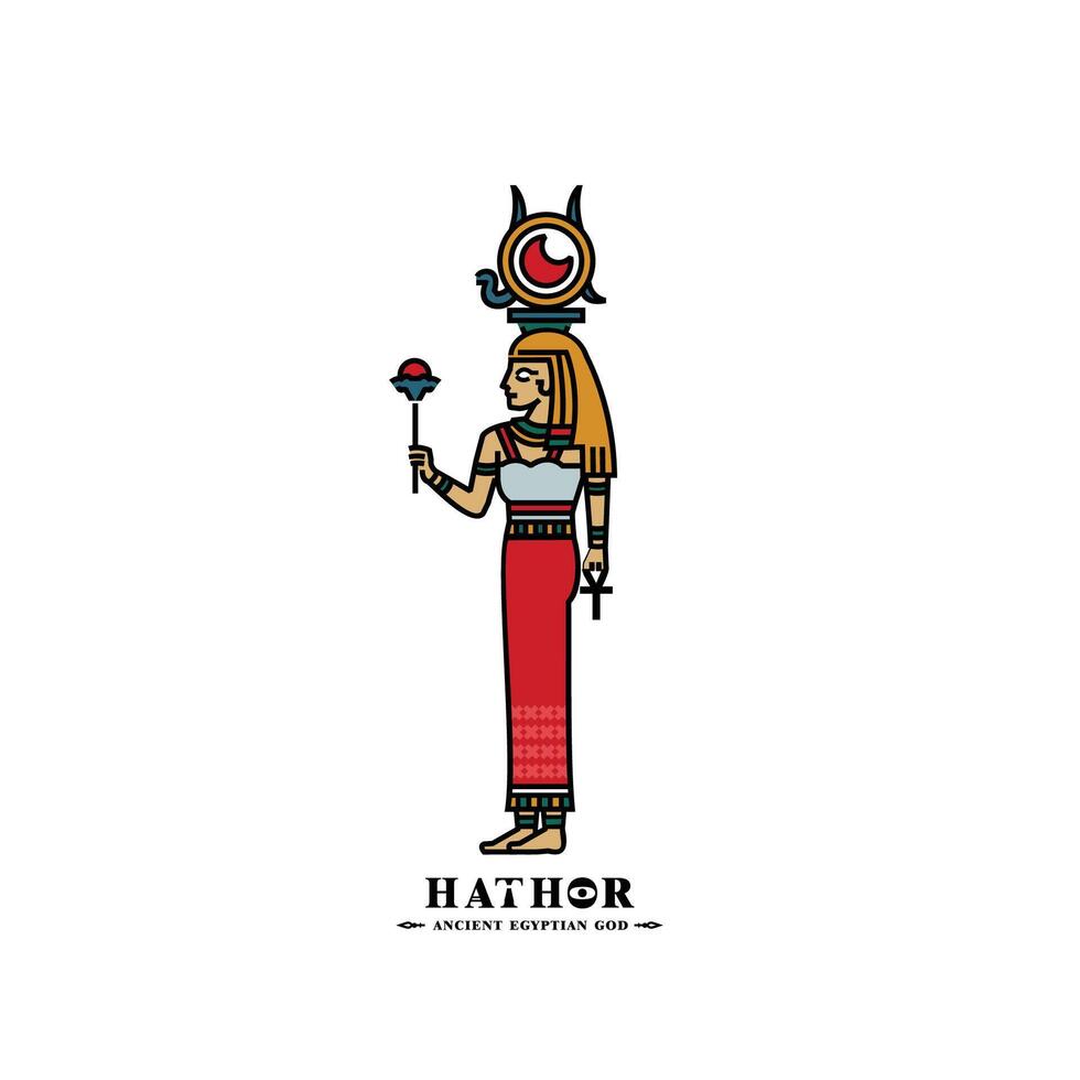 oude Egyptische god hathor minimalistisch. midden- oosten- schoonheid koningin met kroon en zon vector