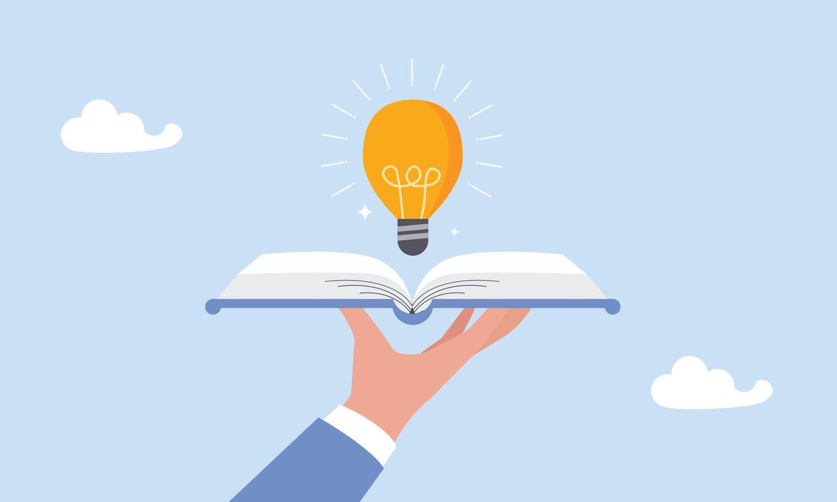 kennis of opleiding, creativiteit of idee, lezing boek voor inspiratie, studie of aan het leren nieuw vaardigheid, Ontdek oplossing of literatuur, wijsheid concept, hand- houden Open boek naar Ontdek gloeilamp idee. vector