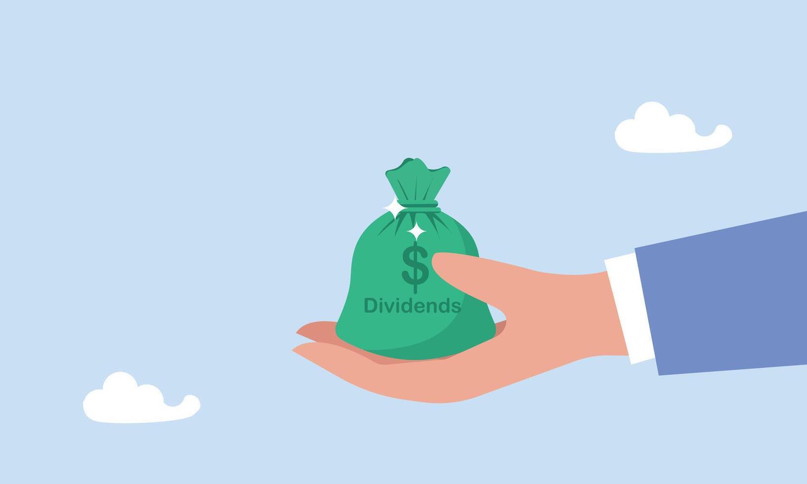 dividend aandelen, openbaar bedrijf terugverdientijd winst in voorraad markt, terugkeer of winst van investering concept, zakenman investeerder hand- Holding groot geld zak met etiket dividenden en dollar geld teken. vector