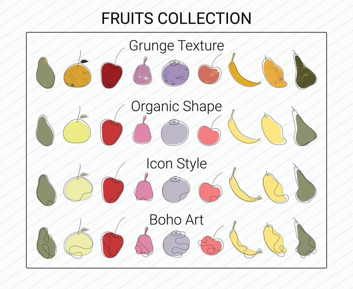 fruit culinaire voedsel reeks verzameling verscheidenheid stijlen grunge, biologisch vormen, icoon tekening, boho kunst. vector