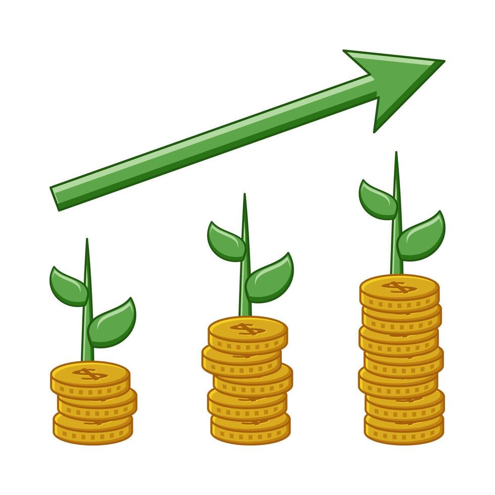 financieel groei illustratie met dollar munt symbolen, planten en pijlen. symboliseert geslaagd investering met milieuvriendelijk vriendelijk projecten. bedrijf thema ontwerp vector voor poster, web