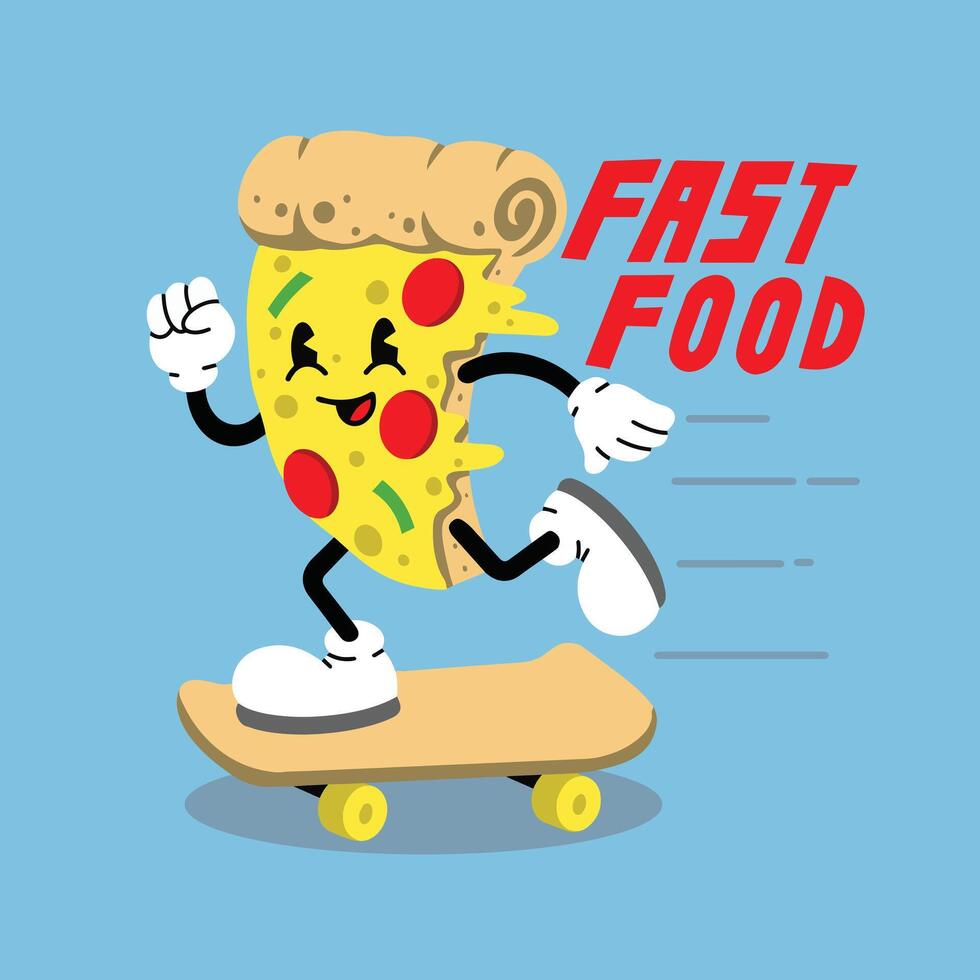 schattig mascotte pizza skateboarden illustratie premie vector