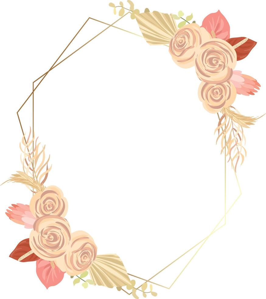 bloemen decoratie vector kader. mawar, pampa gras bruiloft lauwerkrans. exotisch droog bloemen, palm bladeren boho uitnodiging kaart.