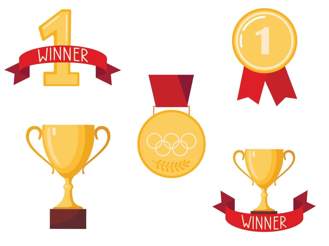 onderscheidingen, trofee kopjes, eerste plaats medailles en podium winnaars set. goud medaille en kampioen trofee beker. hand- getrokken prijs decoratief pictogrammen. vector illustraties.