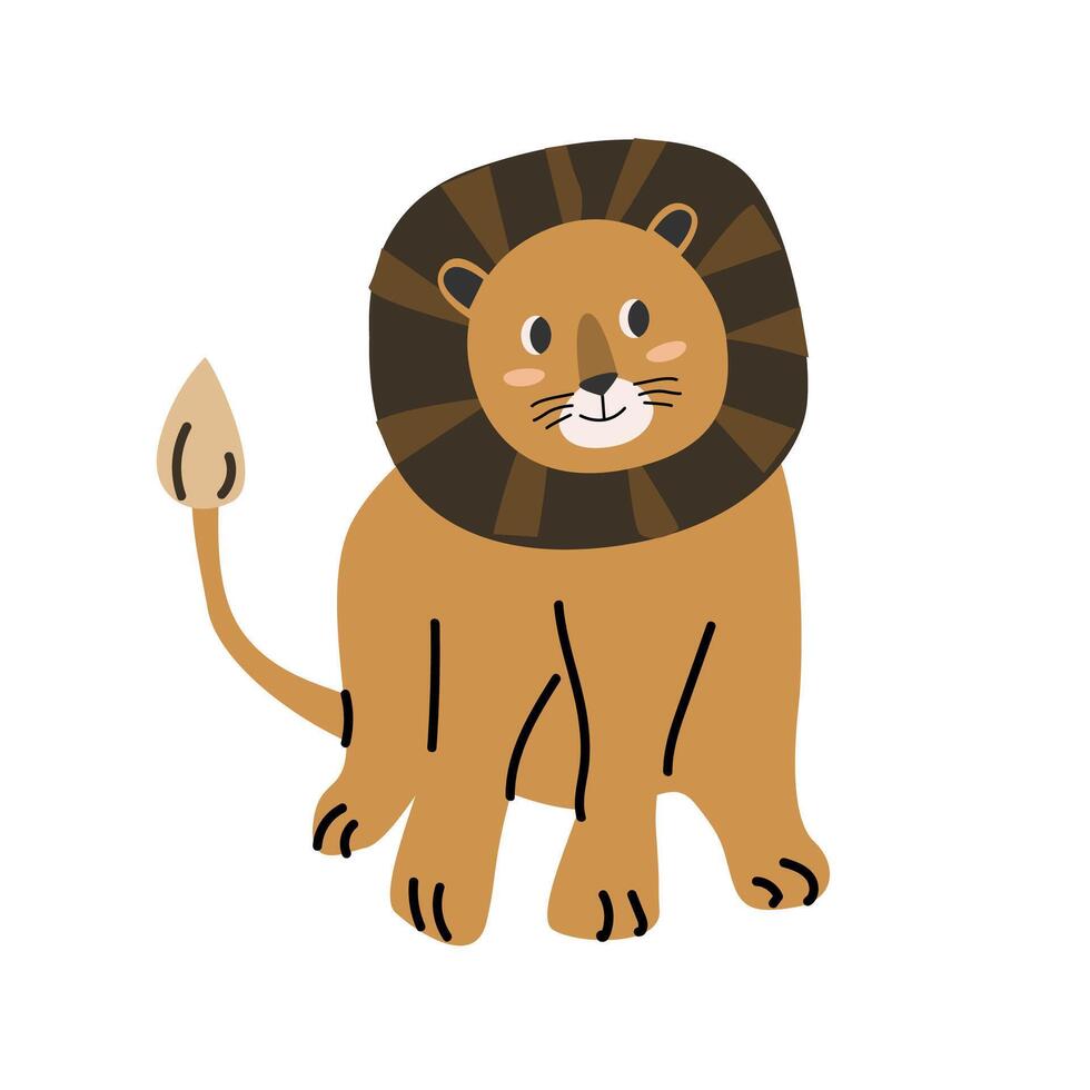 schattig oerwoud wild dier kat - leeuw karakter in Scandinavisch stijl. vector illustratie in vlak stijl. geïsoleerd vector pictogrammen van wild oerwoud schattig leeuw, baby dier karakter.