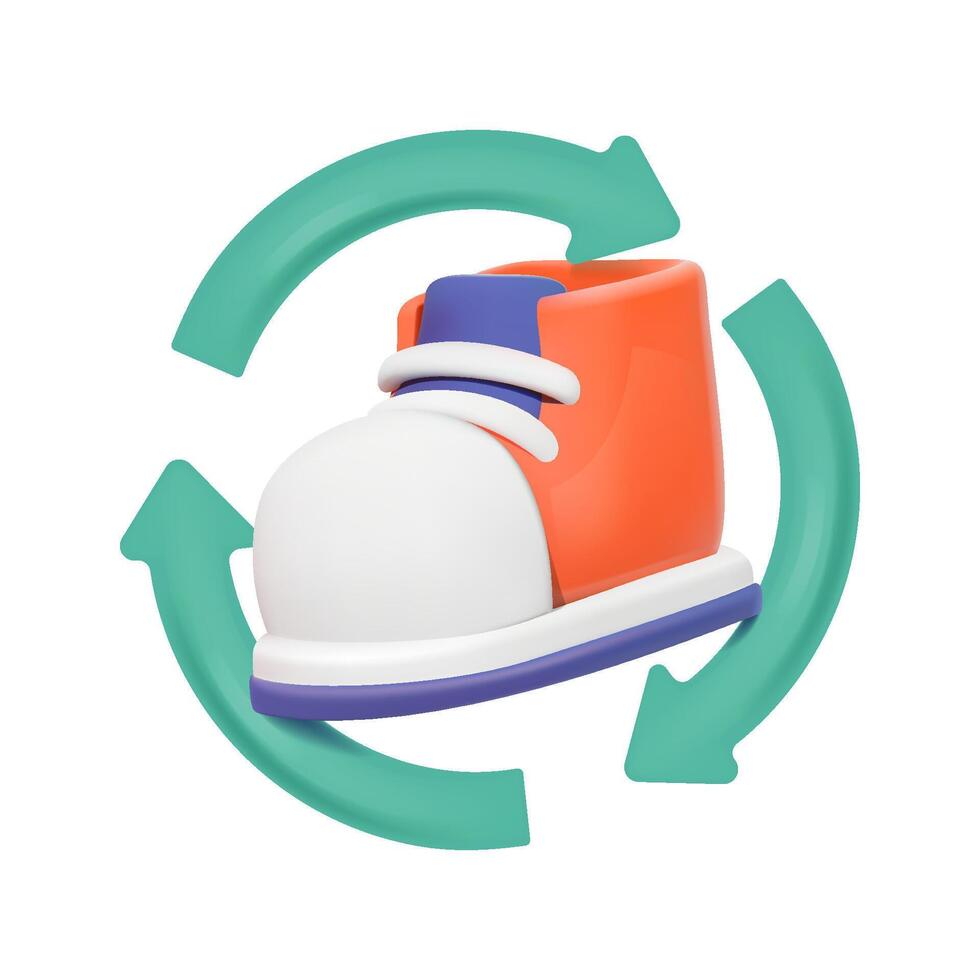 3d vector illustratie van sportschoenen met recycling pijlen. icoon voor doorverkoop gebruikt schoenen en kleding. concept van bewust consumptie.
