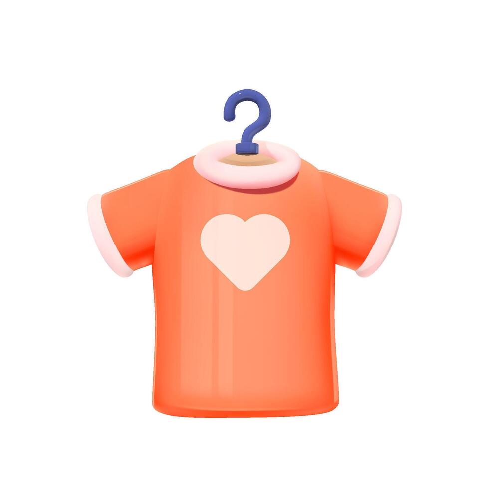 oranje tee met een hart motief Aan hanger geïsoleerd Aan wit achtergrond. t-shirt 3d vector icoon. concept van doorverkoop kleren en bewust consumptie.