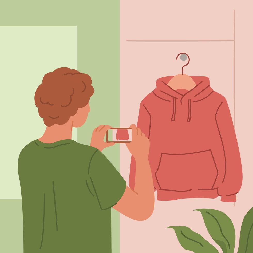 Mens fotograferen rood capuchon Aan hanger naar verkopen online. persoon vangt sweater met zijn telefoon. concept van doorverkoop kleding. vlak vector illustratie.