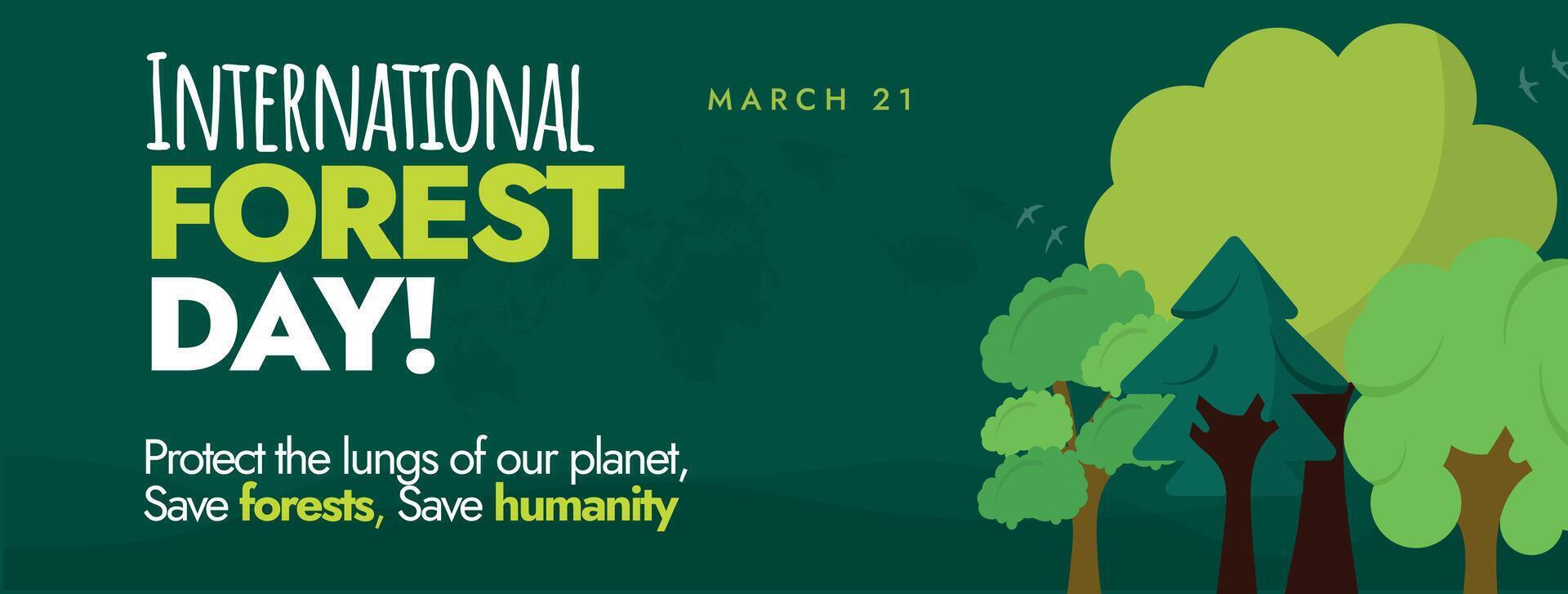 Internationale Woud dag. maart 21, Internationale Woud dag viering Hoes banier in donker groen achtergrond met bomen van verschillend vormen en verschillend groen kleur tinten. bossen en innovatie. vector