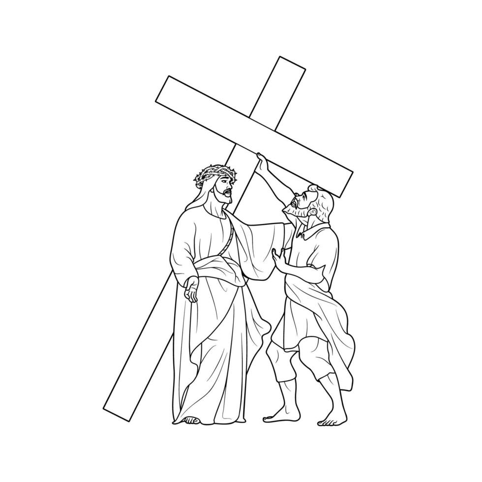 2e station van de kruis Jezus Christus ontvangt de kruis vector illustratie monochroom schets