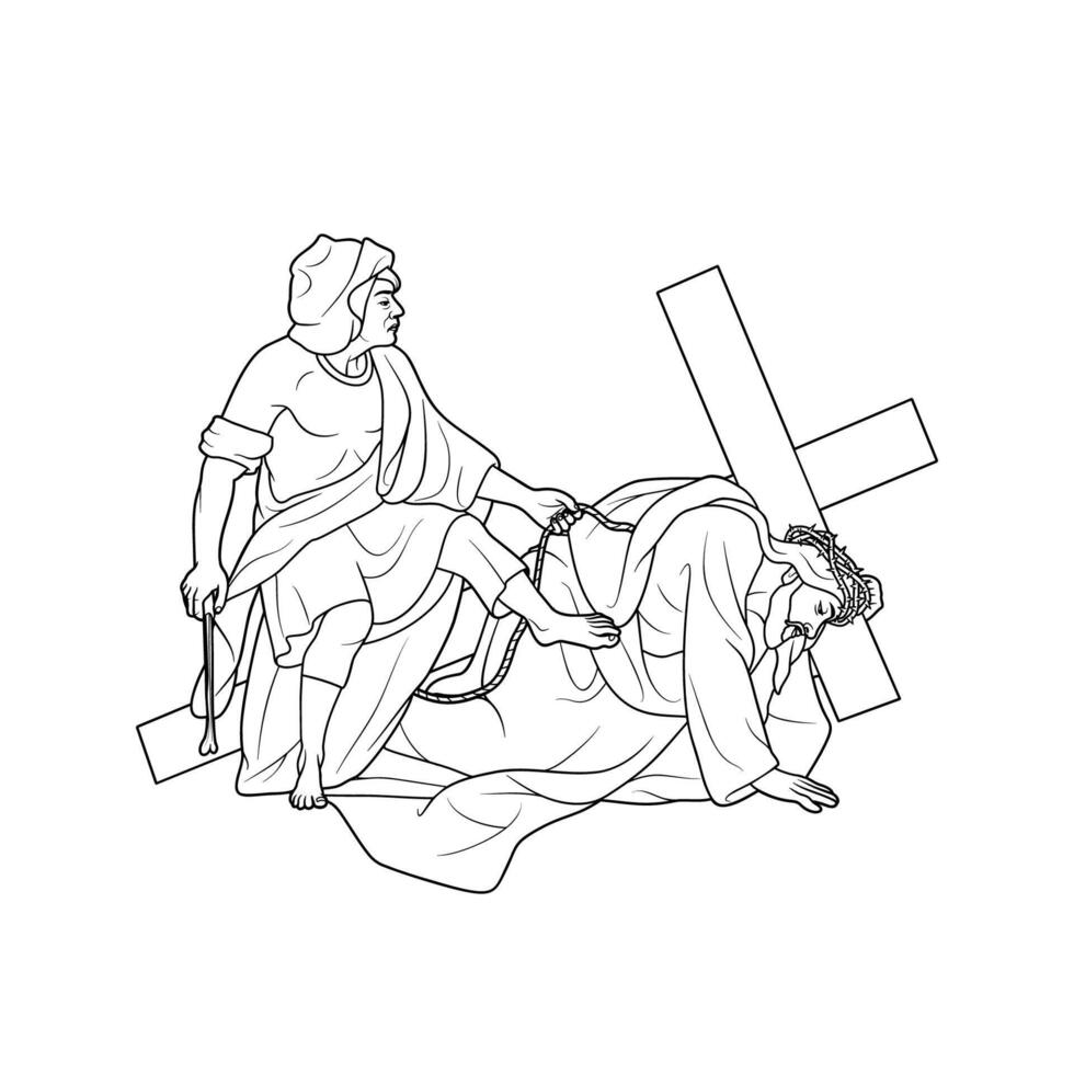 3e station van de kruis Jezus Christus valt voor de eerste tijd vector illustratie monochroom schets