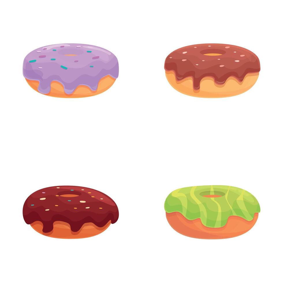 donut pictogrammen reeks tekenfilm vector. geglazuurd kleurrijk zoet donut vector