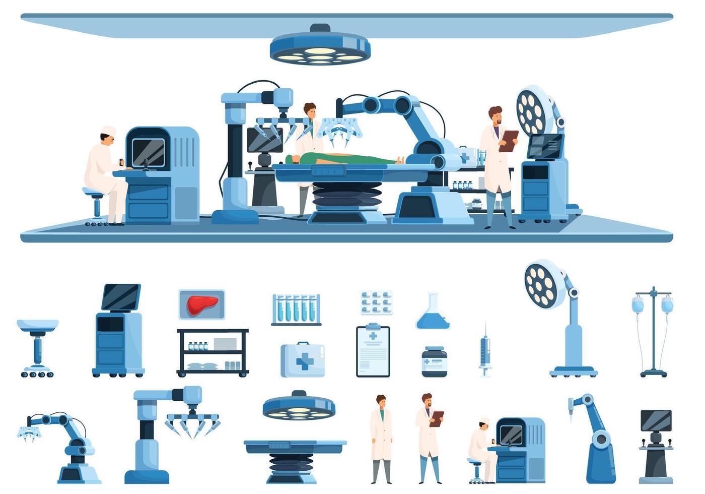 medisch robot operator pictogrammen reeks tekenfilm vector. chirurgie computer vector