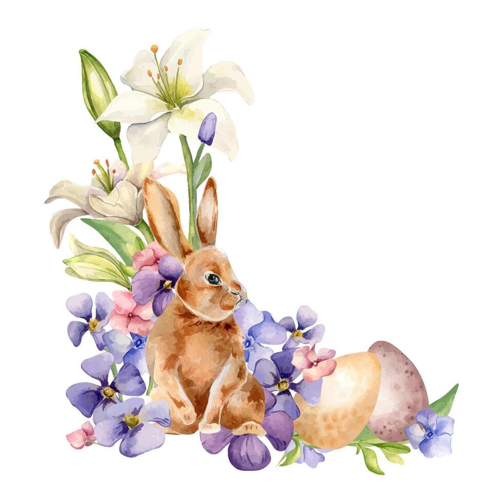 Pasen konijn, eieren en blauw bloemen maagdenpalm. Pasen illustratie geïsoleerd Aan wit achtergrond. waterverf haas en kleurrijk bloemen hand- getrokken. geschilderd lelie, sleutelbloem. voor ontwerp groet kaart. vector