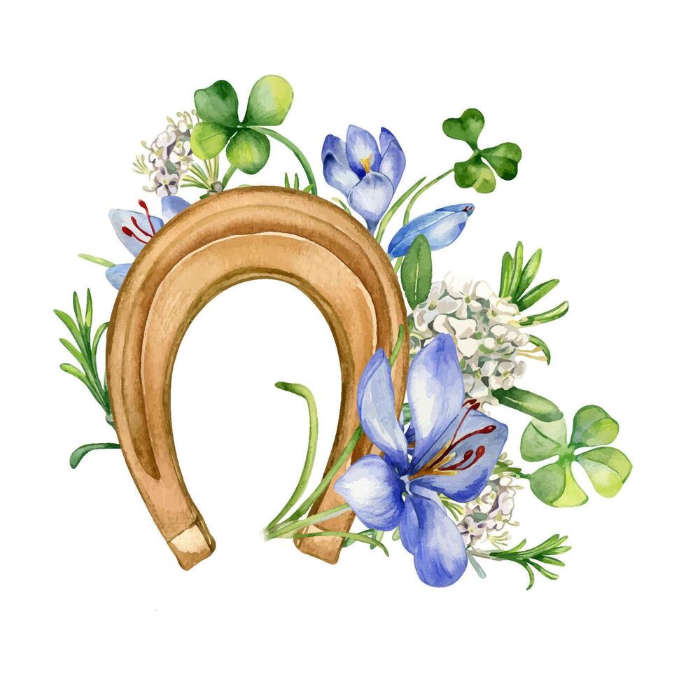 Lucky symbool hoefijzer en krokus waterverf illustratie geïsoleerd Aan wit. geschilderd klaver met bloemen. Iers symbool vier bladeren Klaver hand- getrokken. ontwerp voor st. Patrick dag, Pasen, lente. vector