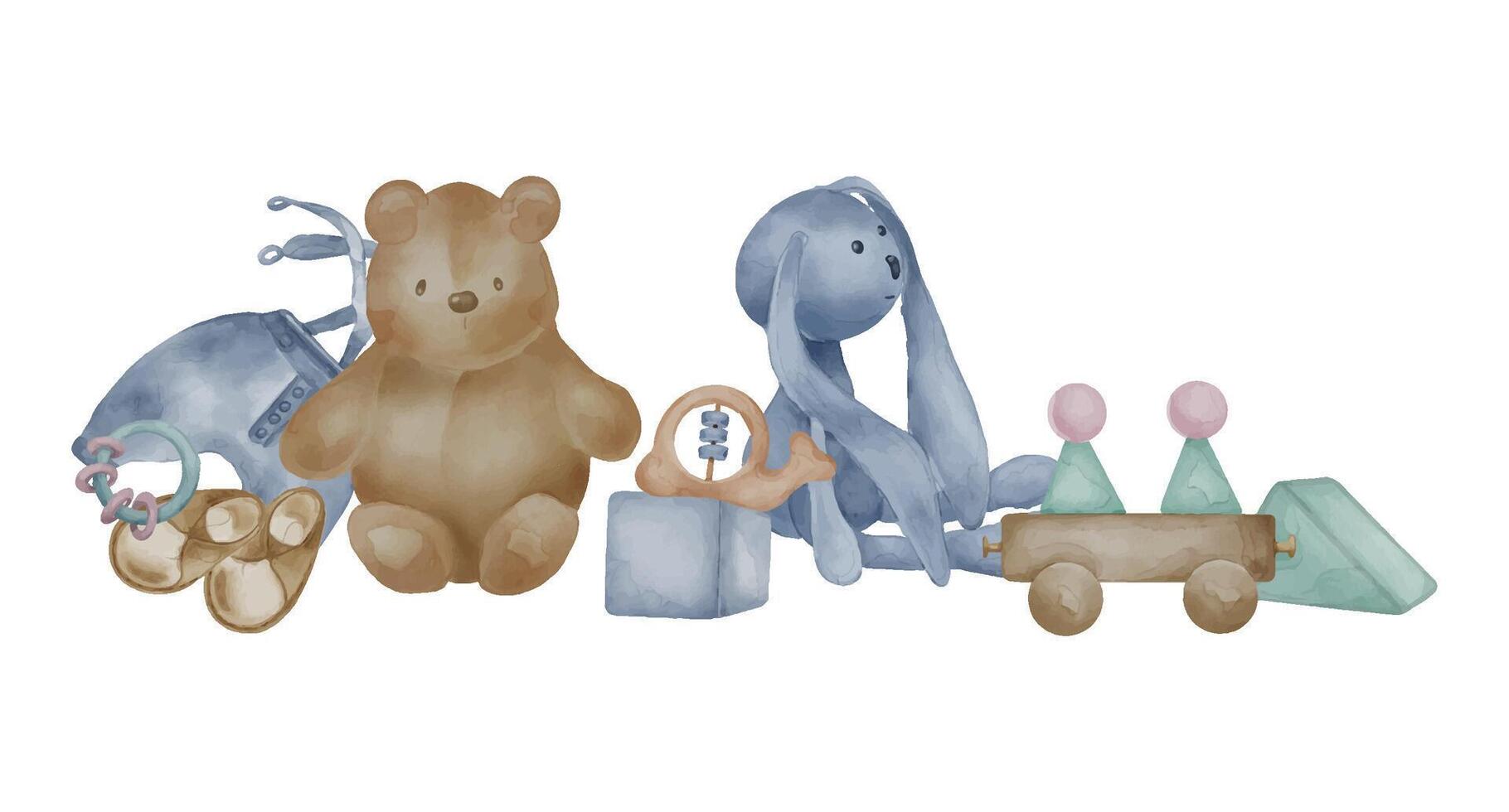 illustratie met teddy beer en zacht haas delicaat kleuren geïsoleerd Aan wit. hand- getrokken baby speelgoed, houten trein in pastel tinten. geschilderd baby lap, laarzen. ontwerp voor verjaardag partij, baby kamer vector