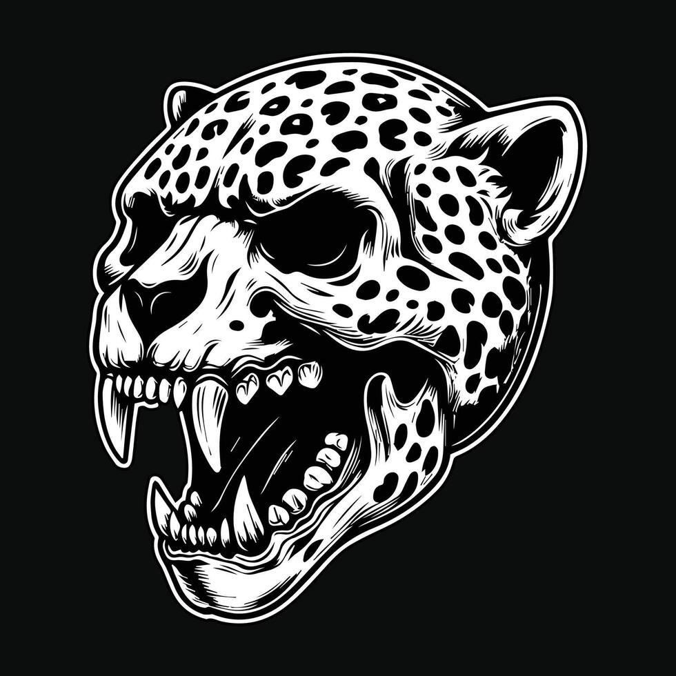 donker kunst boos schedel beest luipaard hoofd zwart en wit illustratie vector