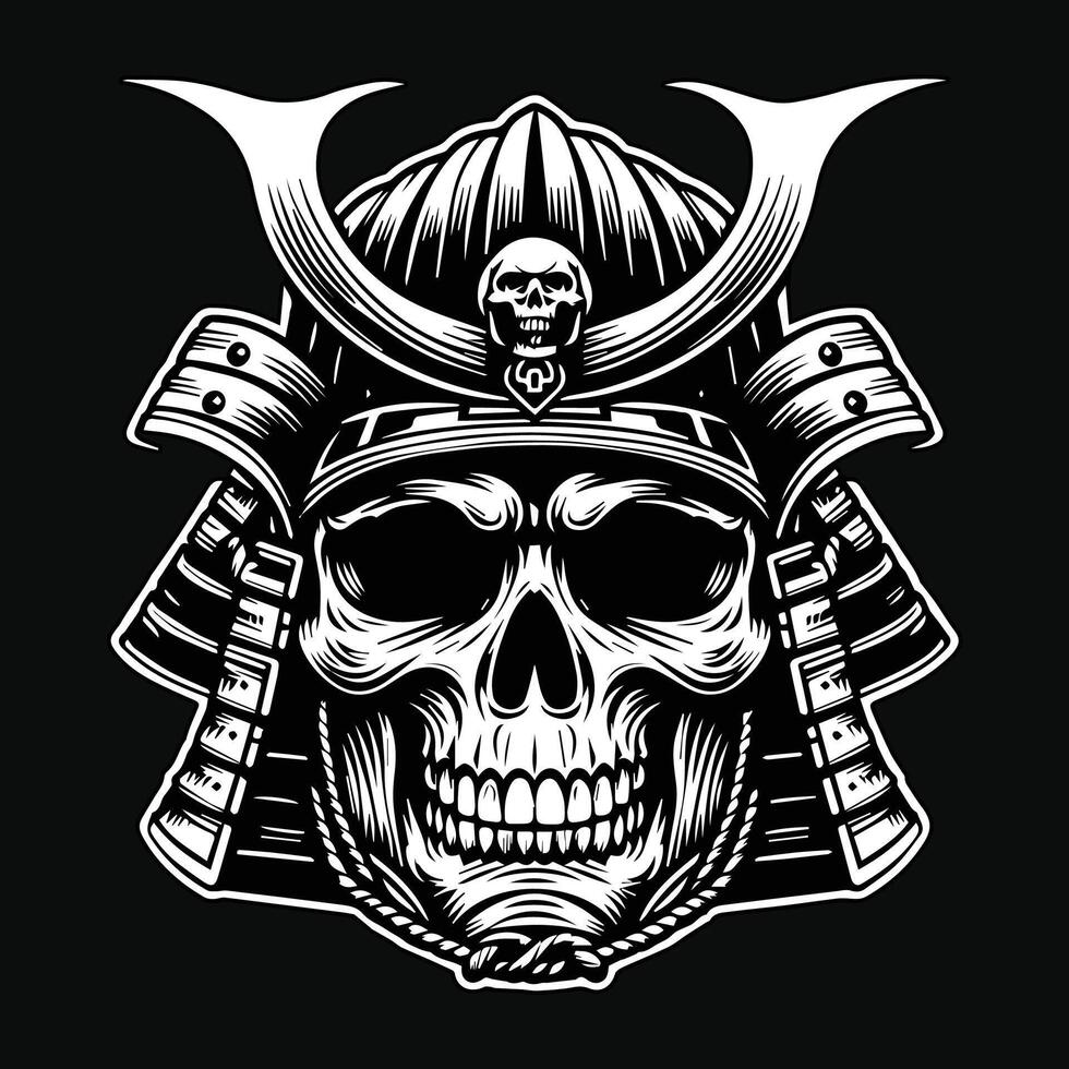 donker kunst schedel samurai Japans hoofd zwart en wit illustratie vector