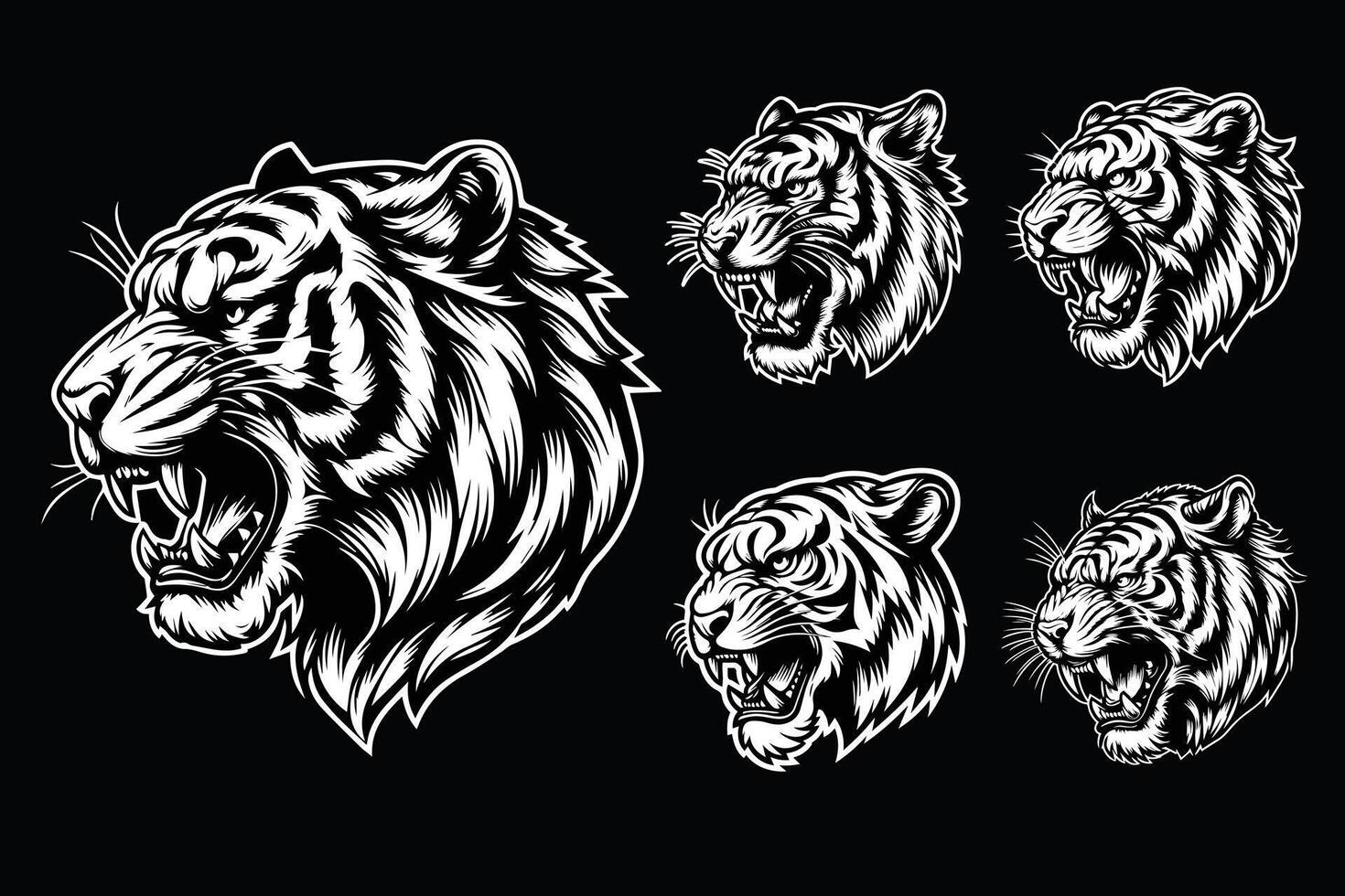 donker kunst boos beest tijger hoofd zwart en wit illustratie vector