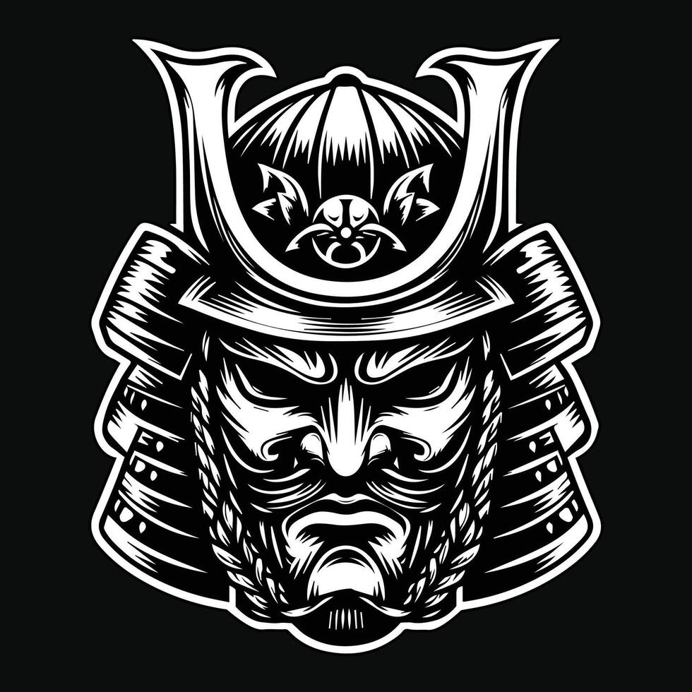 donker kunst eng Japans samurai masker zwart en wit illustratie vector