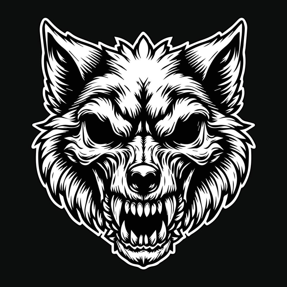 donker kunst schedel boos beest wolf hoofd zwart en wit illustratie vector