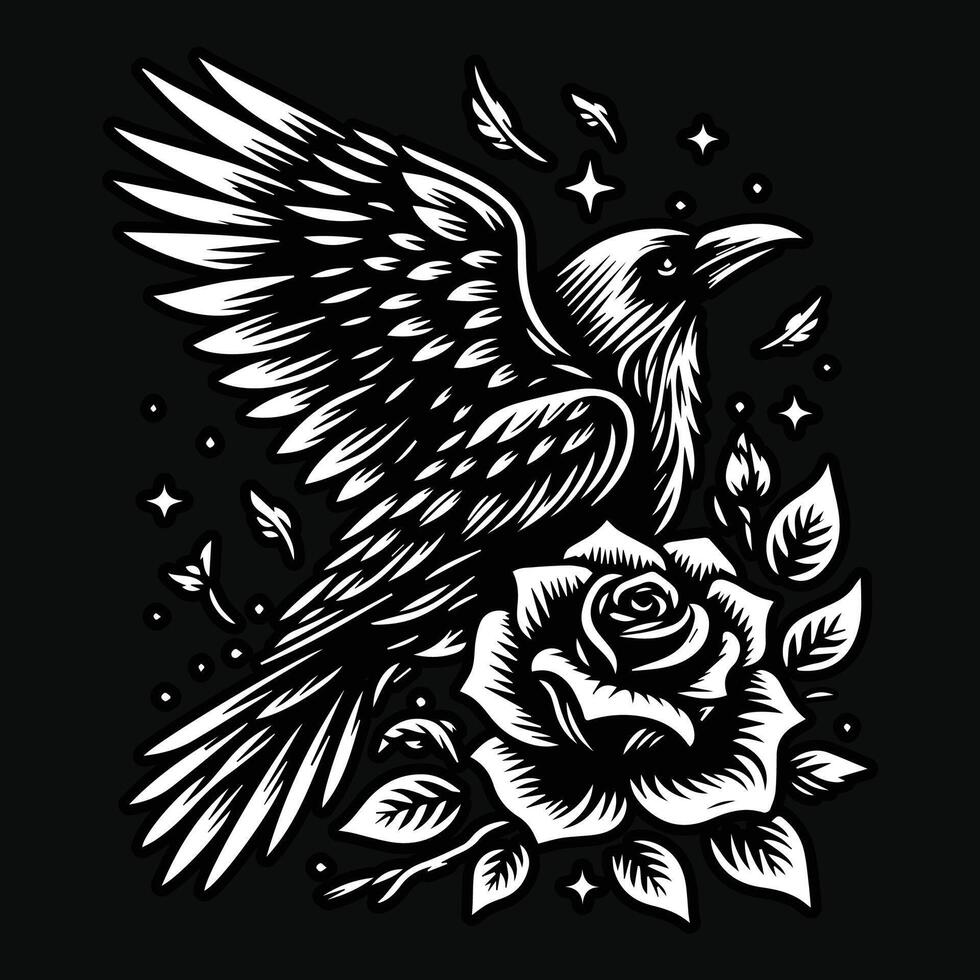 kraai staan met roos bloem grunge wijnoogst stijl hand- getrokken illustratie zwart en wit vector