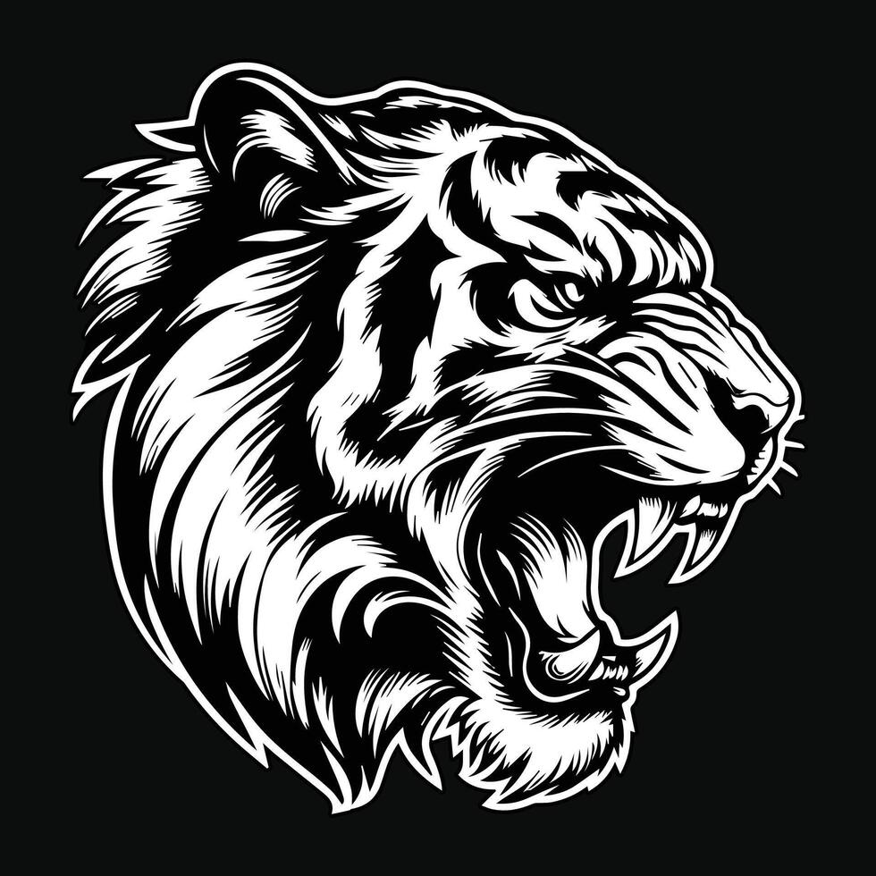 donker kunst boos beest tijger hoofd zwart en wit illustratie vector