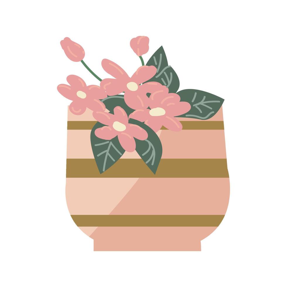 bloem boeket in decoratief roze vaas met goud. vector illustratie kan gebruikt voor sticker, behang, groet kaart. gouden decor Aan pot en huis fabriek bloemen.