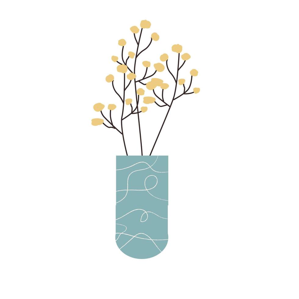 hand- getrokken voorjaar Afdeling mimosa met geel bloemknoppen in decoratief vaas. vector illustratie voor interieur poster, banier en groet kaart. kan gebruik voor decoratie sticker voor notitieboekje omslag, behang.