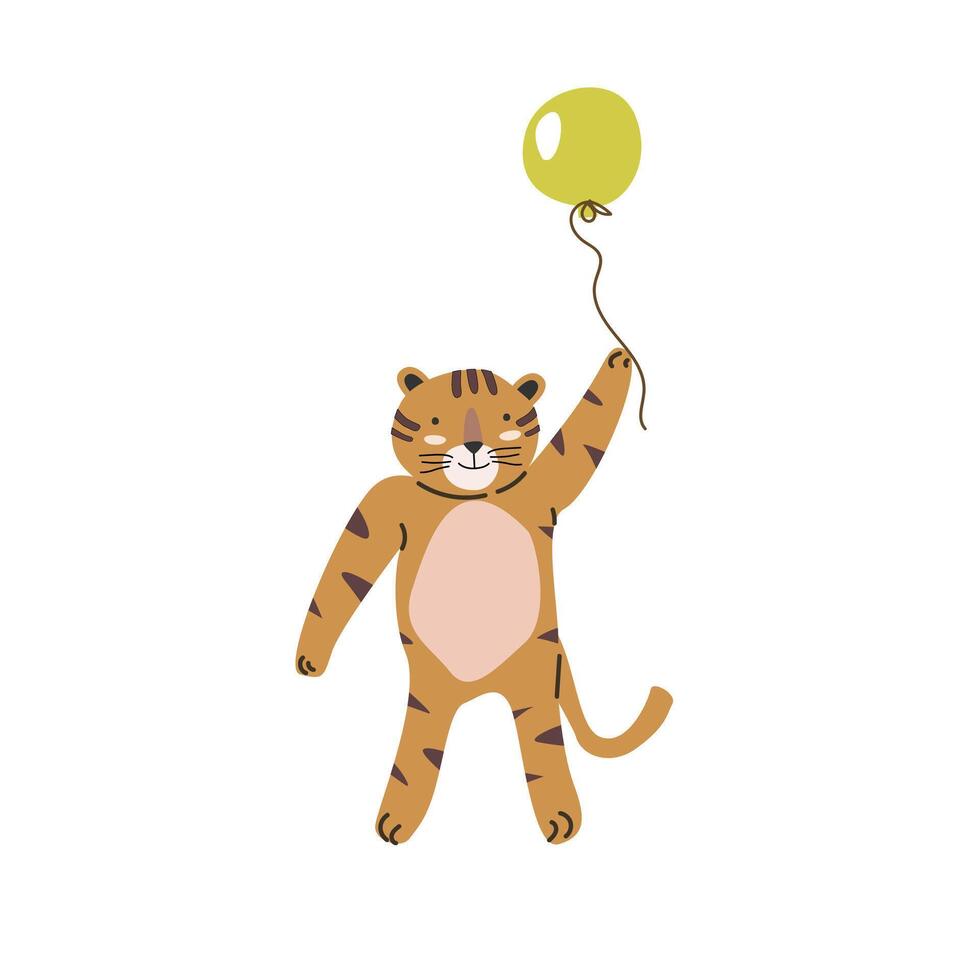 schattig dier tijger met bal clip art in Scandinavisch stijl. vector illustratie in vlak stijl. geïsoleerd vector pictogrammen van wild oerwoud schattig leeuw, baby dier karakter. kan gebruikt voor kaarten, achtergrond.