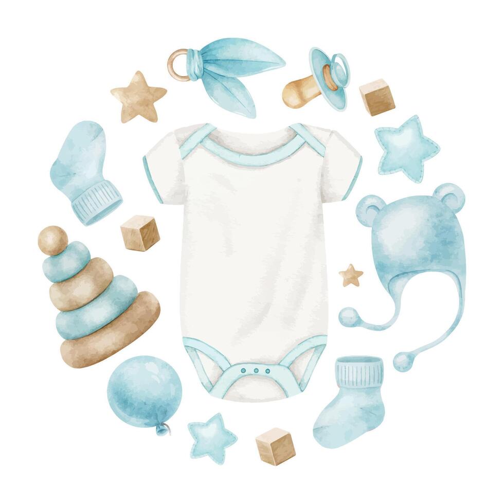 ronde samenstelling van accessoires voor pasgeboren jongen, bodysuit fopspeen, pet, sokken, speelgoed- piramide, sterren en bijtring. geïsoleerd waterverf illustraties kinderen mooi zo en winkel, kaarten, baby douche, kinderen kamer vector