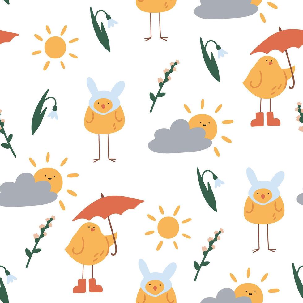 schattig voorjaar naadloos patroon met zon, wolken, vogelstand en bloemen. vlak vector illustratie in tekenfilm stijl. aanbiddelijk kinderachtig patroon voor stoffen, textiel, verpakking, achtergrond.