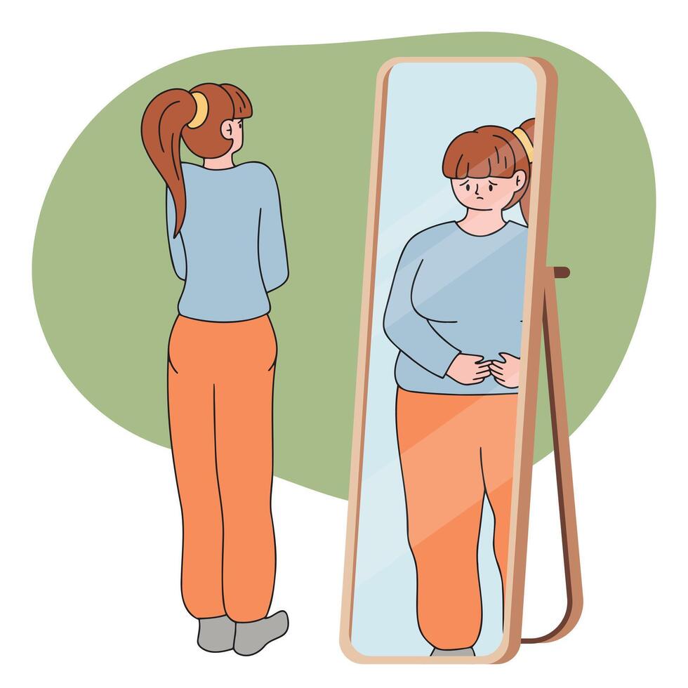 een dun meisje looks in de spiegel en ziet haarzelf dik. de concept van aan het eten aandoeningen, anorexia, bulemie. een vrouw wil naar verliezen gewicht. vector grafiek.