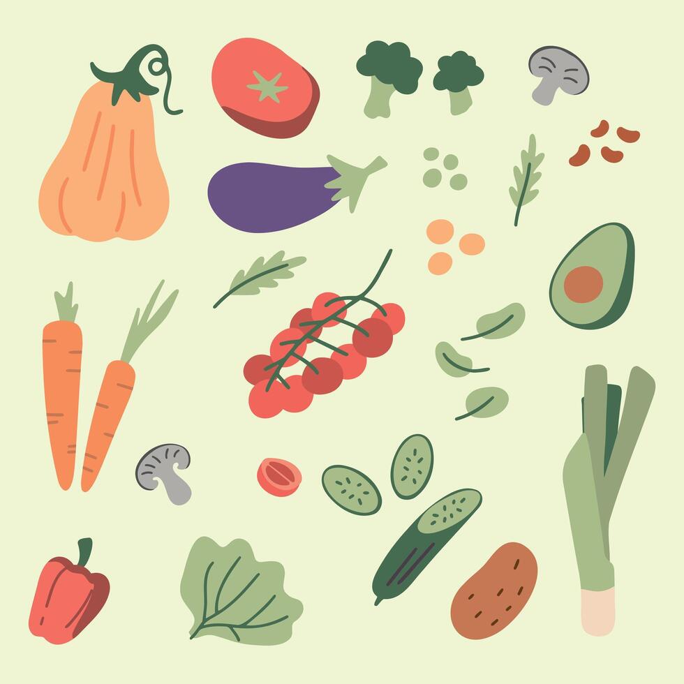 verzameling van hand- getrokken groente illustraties geïsoleerd Aan wit achtergrond. bundel van vers heerlijk veganistisch eetpatroon vegetarisch producten, gezond gezond voedsel, Koken ingrediënten. vlak tekenfilm stijl vector