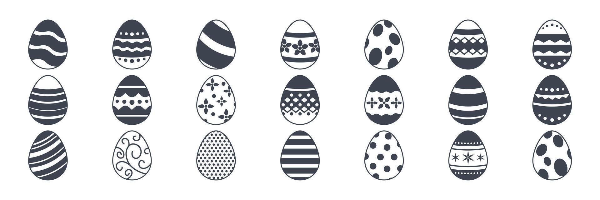 Pasen eieren, Pasen dag festival icoon set, ostern ei pictogrammen met decoratie patronen symbolen verzameling, logo geïsoleerd vector illustratie