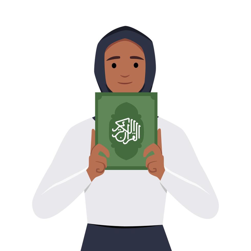 mooi moslim vrouw vervelend een hijab Holding een boek. vector