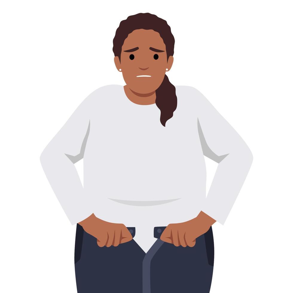 ongelukkig te zwaar vrouw niet in staat naar vastmaken jeans, nodig hebben verliezen gewicht voor lichaam houden fit. dik vrouw lijden van buitensporig lichaamsgewicht. eetpatroon, gezond levensstijl concept vector