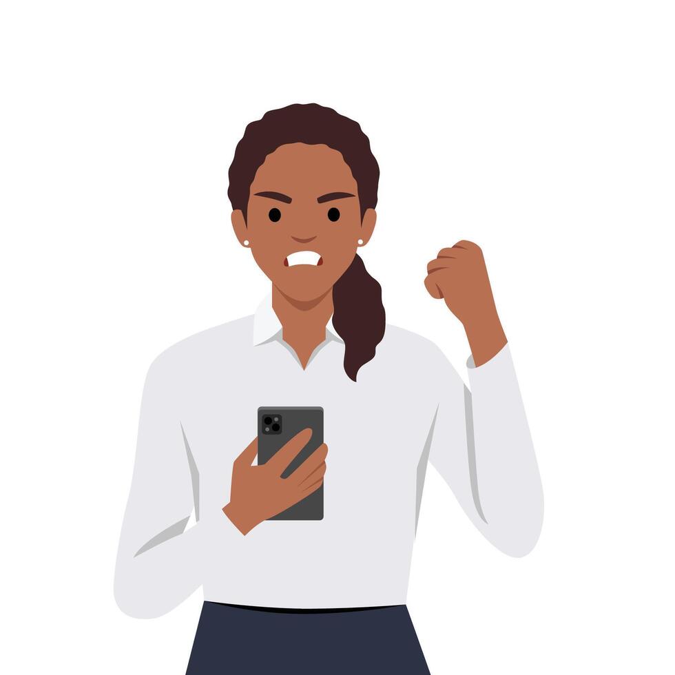 boos zakenvrouw sprekend Aan smartphone en geschreeuw of schreeuwen en verhogen vuist gebaar. technologie vector