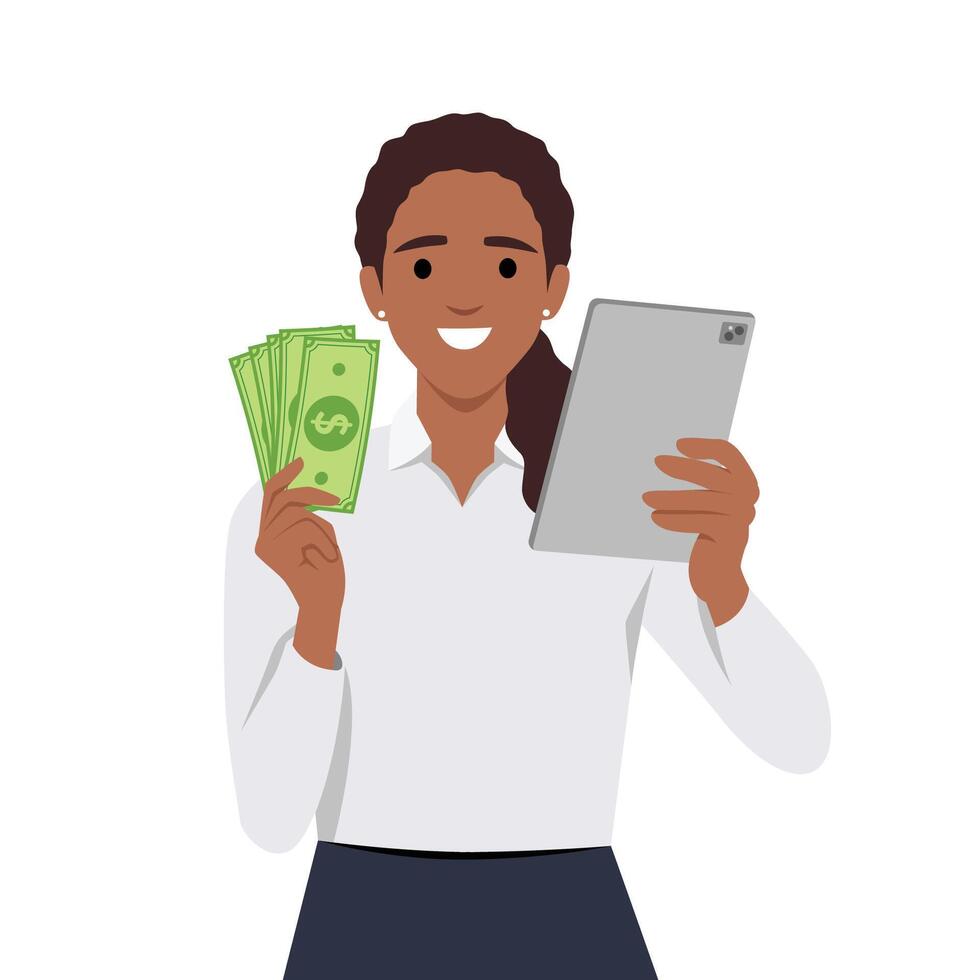 vrouw Holding smartphone of tablet en dollars vector