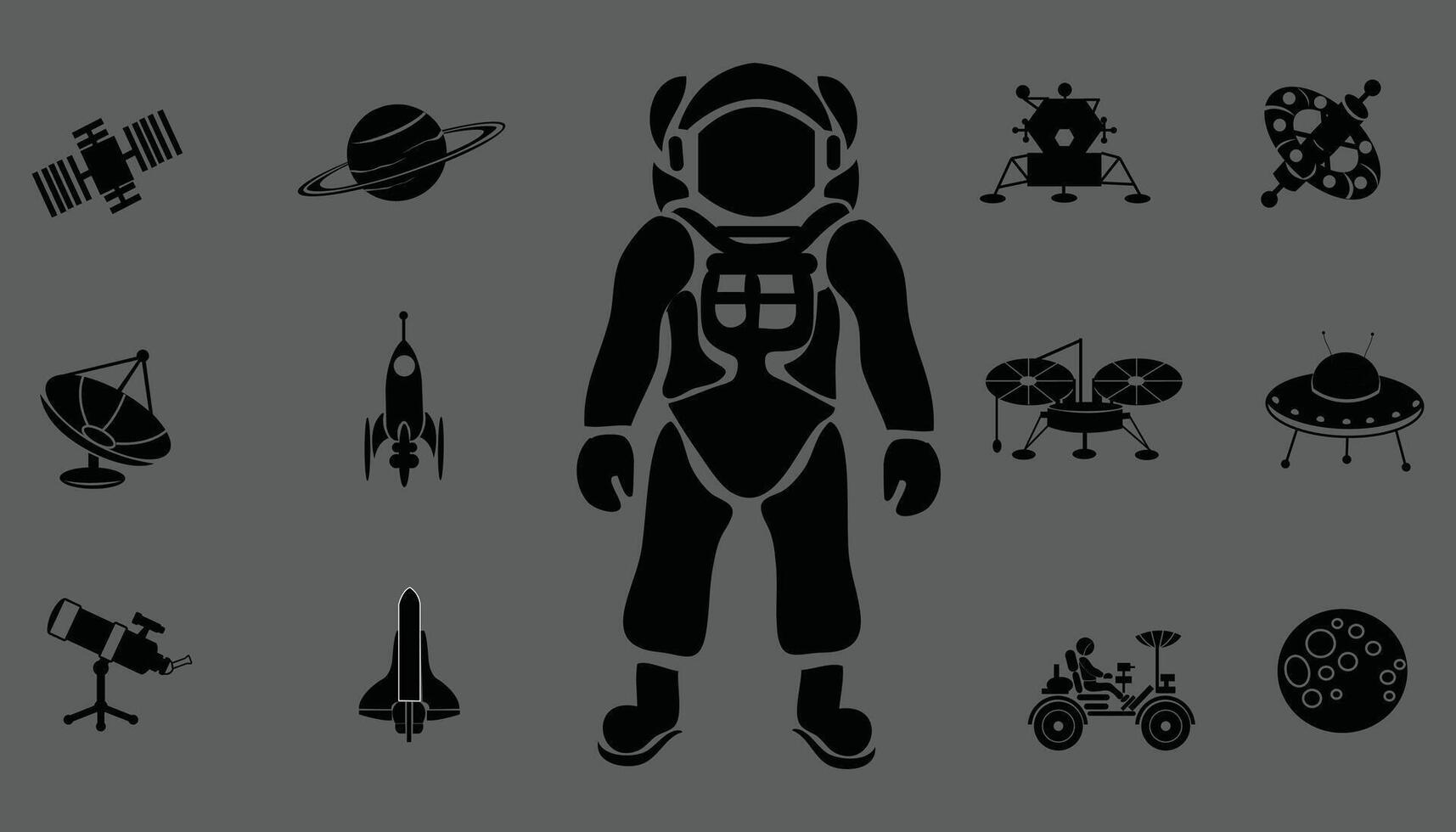 ruimte en astronomie vector icoon. ruimte verkenning. raket en satelliet, planeet en astronaut vector teken