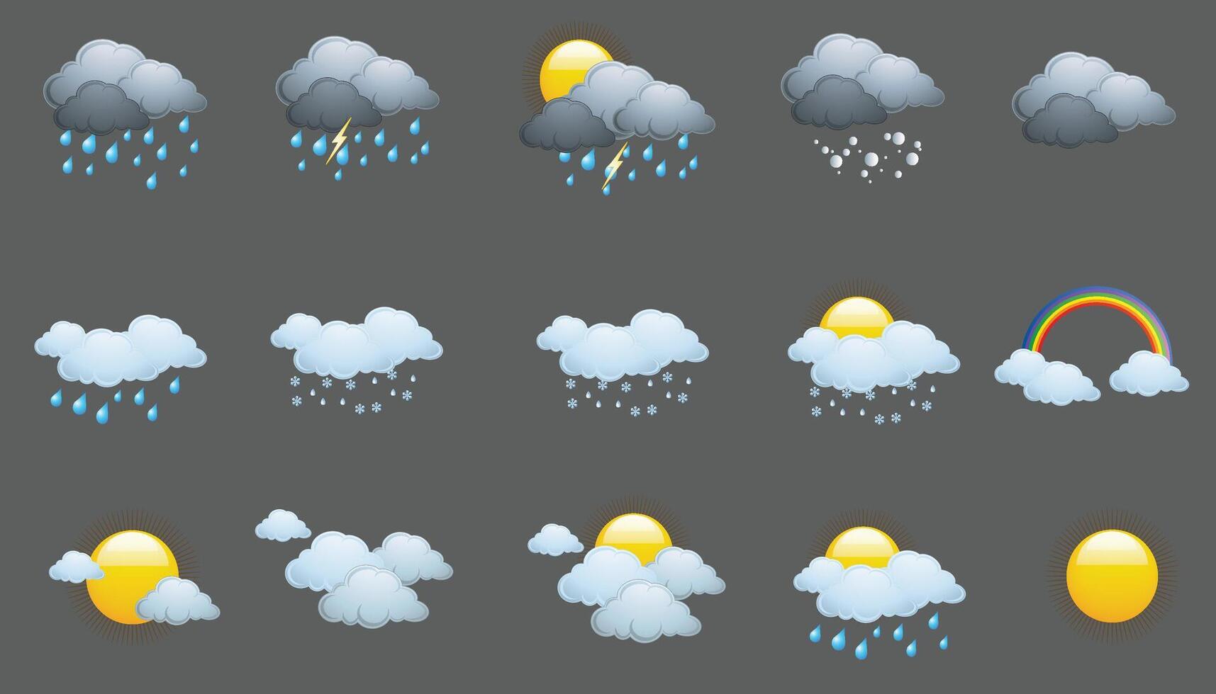 groot verzameling van transparant wolken. wolken met zon, regenboog en regen. donker wolken en wit wolken vector