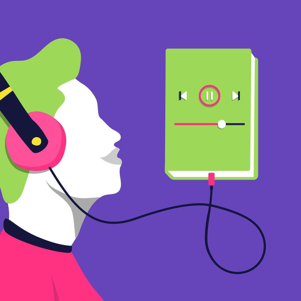 Mens met hoofdtelefoons verbonden naar een boek , luisteren audioboek. digitaal boekhandel app concept ilustration vector