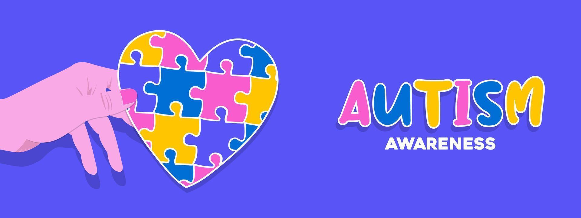 hand- Holding kleurrijk hart puzzel vector ontwerp teken. symbool van autisme. wereld autisme bewustzijn dag.