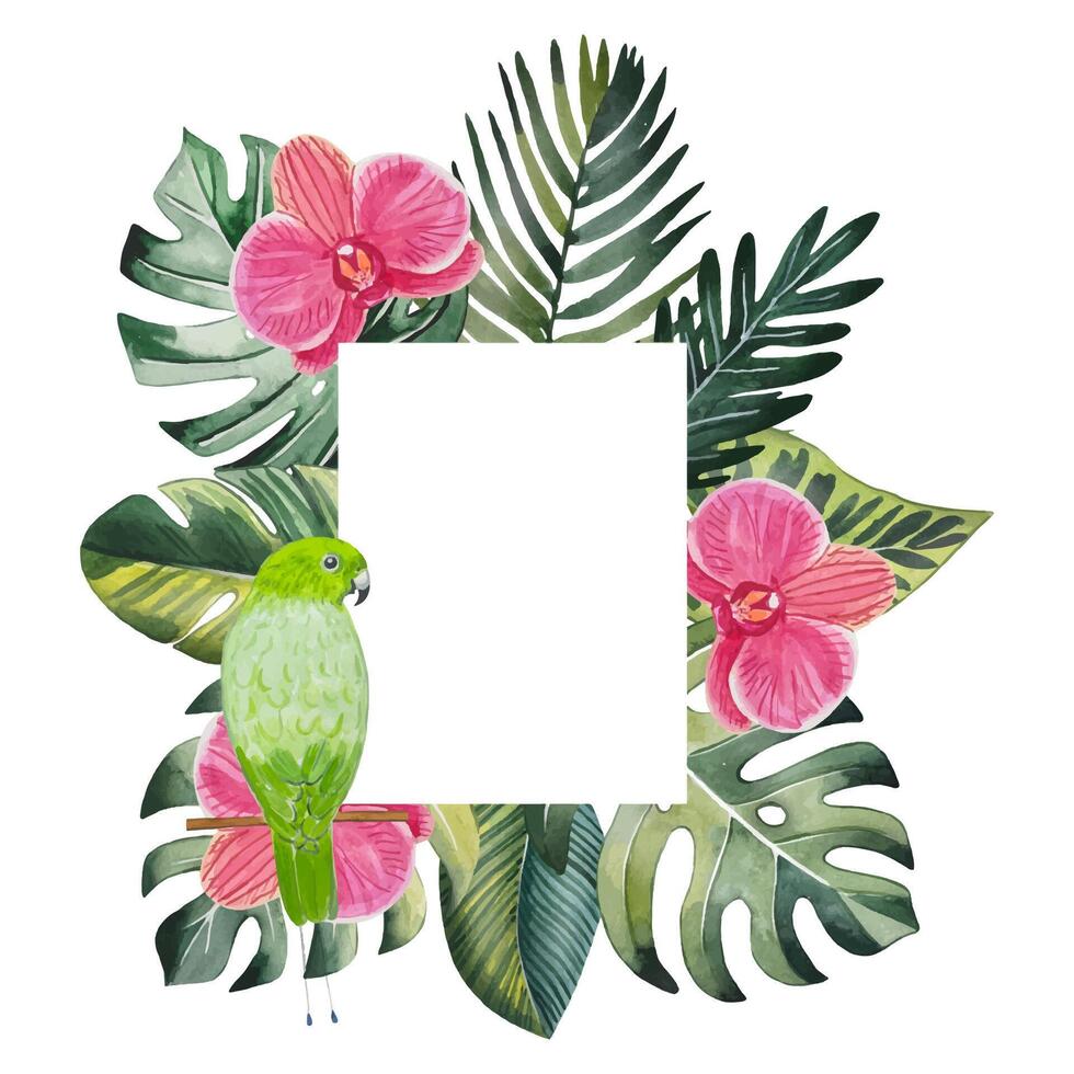 hand- getrokken kader met tropisch bladeren en bloemen, waterverf vector