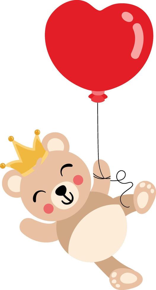 schattig koning teddy beer vliegend met een hart vormig ballon vector